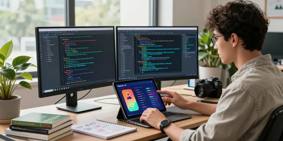 Engaging workspace featuring AI developer working on the spicy ai application with multiple screens and modern office decor.