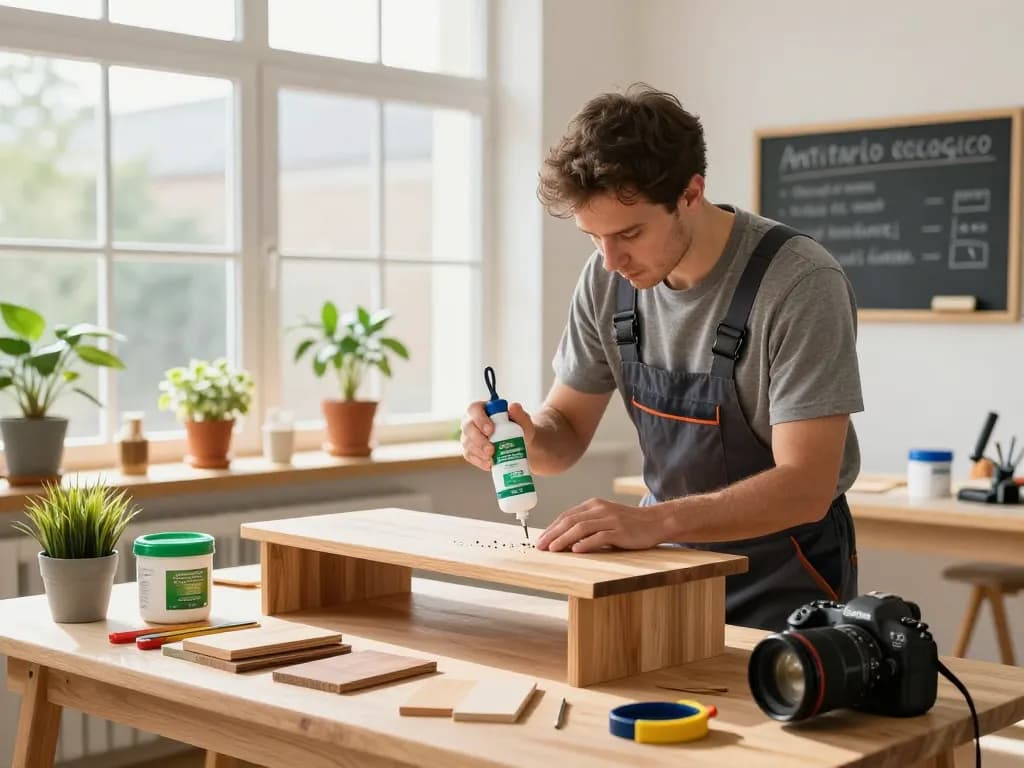 Applicazione ecologica di antitarlo ecologico in un luminoso laboratorio con mobili in legno, che mostra tecniche di controllo dei parassiti.