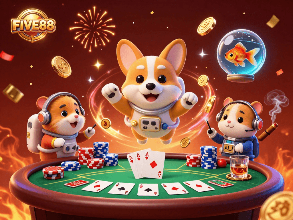Experience the excitement of FIVE88 with a dynamic illustration showcasing an astronaut corgi in a casino environment.