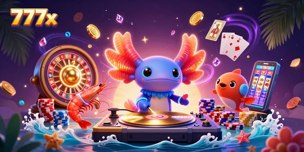 Spinning golden records and vibrant shrimp dance at 777x casino themed undersea party.