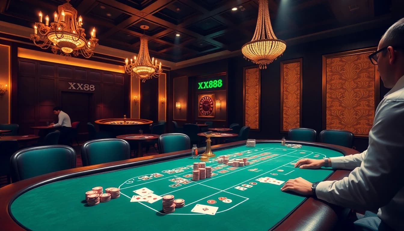 Exciting baccarat game at XX88 casino table with colorful chips and engaged players.