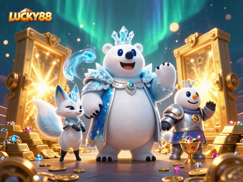 Experience thrilling wins at LUCKY88 with cartoon polar bear and snow fox among gold treasures.