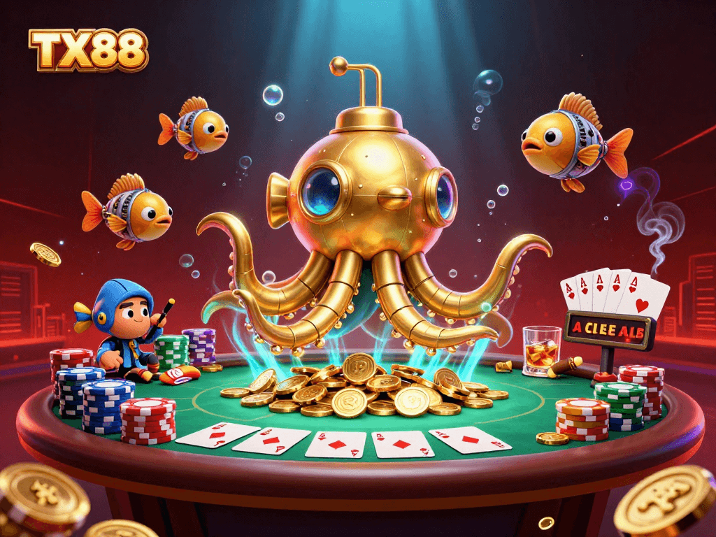 Win big with TX88 at an exciting underwater poker showdown surrounded by vibrant casino elements.