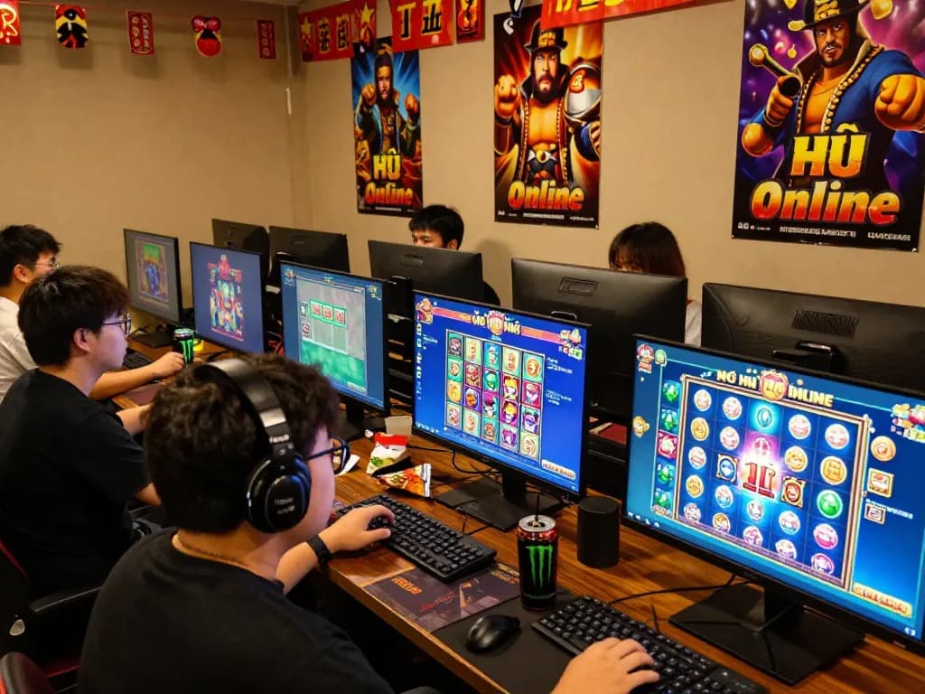 Nổ Hũ Online gaming scene with players celebrating big wins and engaging with vibrant slot graphics.