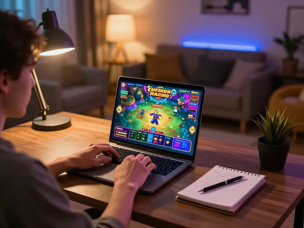 Scena di gioco coinvolgente con Chicken Road Casino recensioni su schermo di un laptop, evidenziando scommesse strategiche.