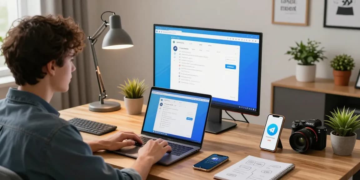 User accessing the Telegram web version on a laptop in a modern home office, showcasing an inviting workspace.