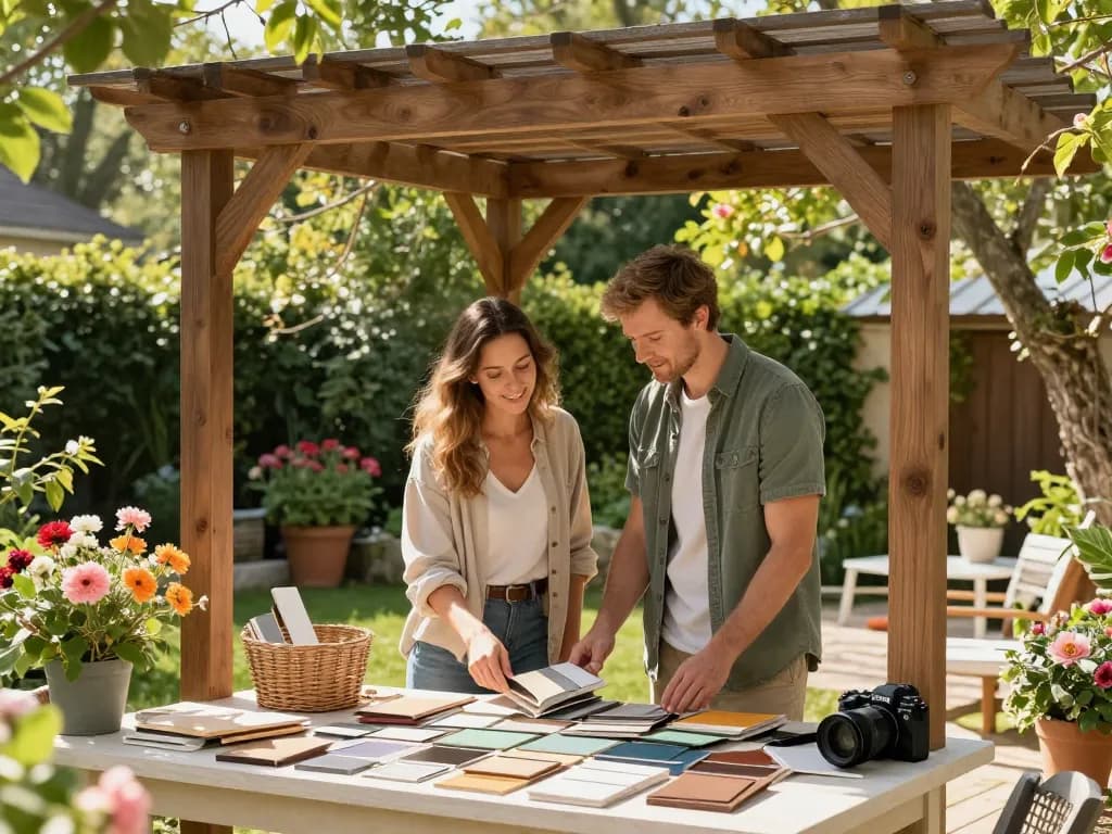 Configuratore pergola online in action, couple customizing outdoor pergola at sunny garden.
