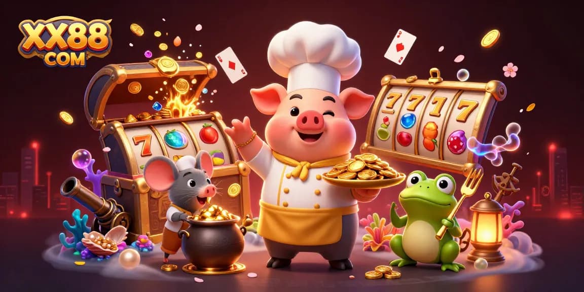 Experience excitement at XX88 COM with a vibrant 3D illustration of gambling and gaming adventures.