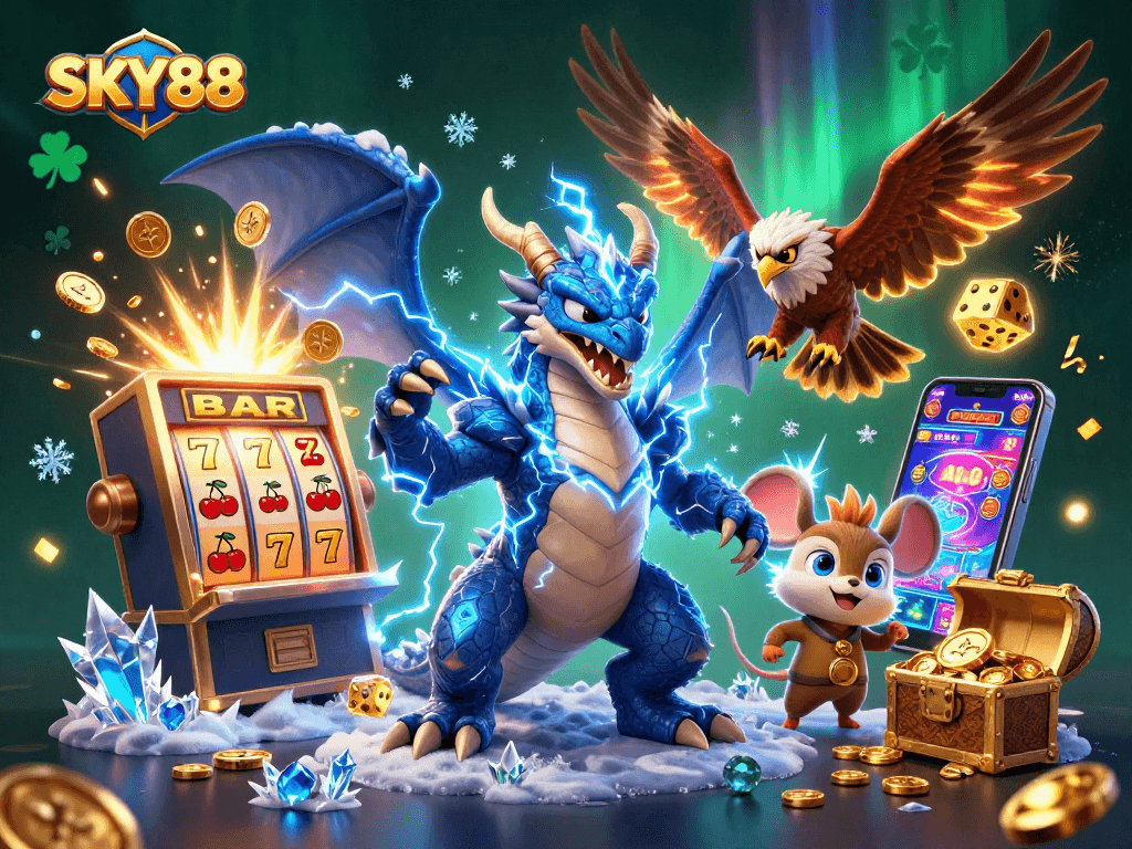 SKY88 vibrant 3D casino scene showcasing an electric dragon with slot machines and gold