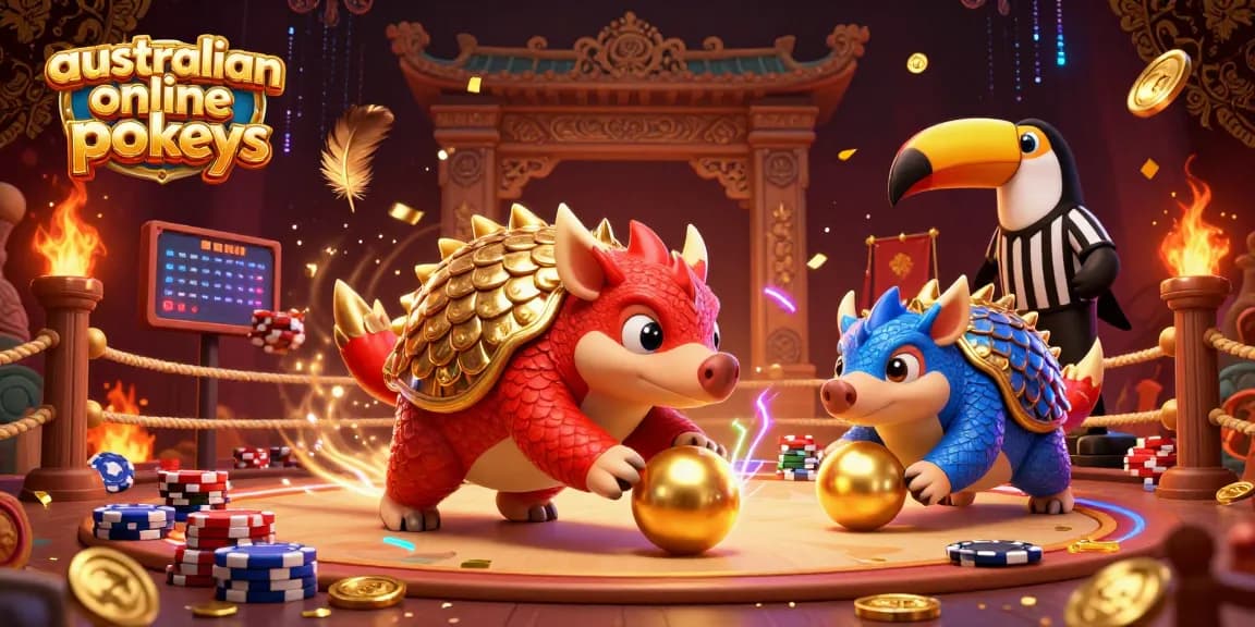 Engage in exciting australian online pokies action with rival pangolins in a vibrant 3D casino scene.