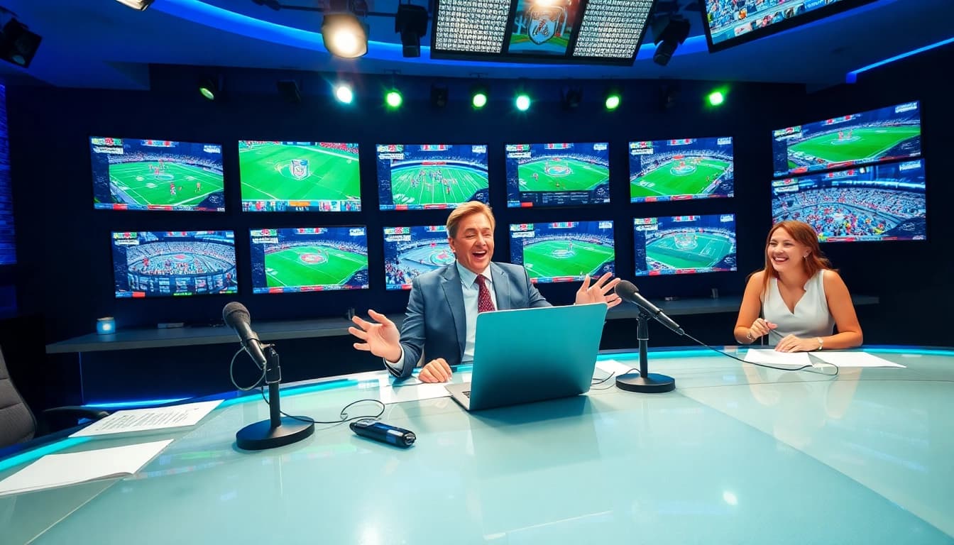 Engaging scene of Sports Broadcasting with hosts interacting in a vibrant studio setting.