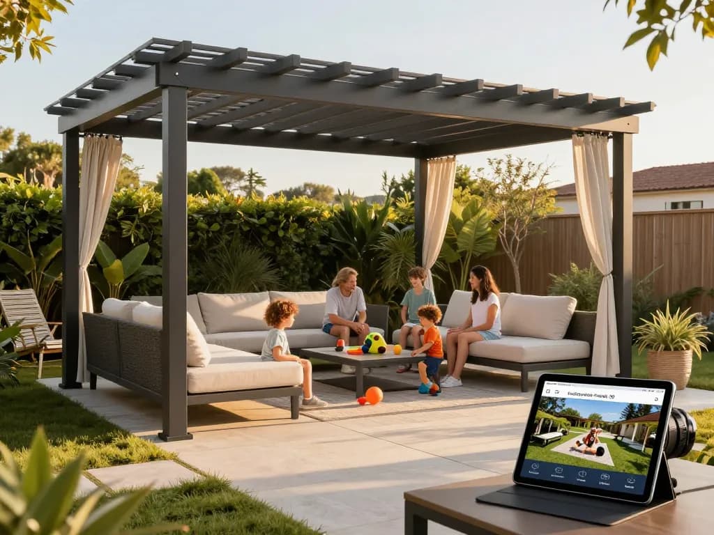 Scena interattiva del configuratore pergole 3D con una famiglia che si gode una pergola esterna personalizzata