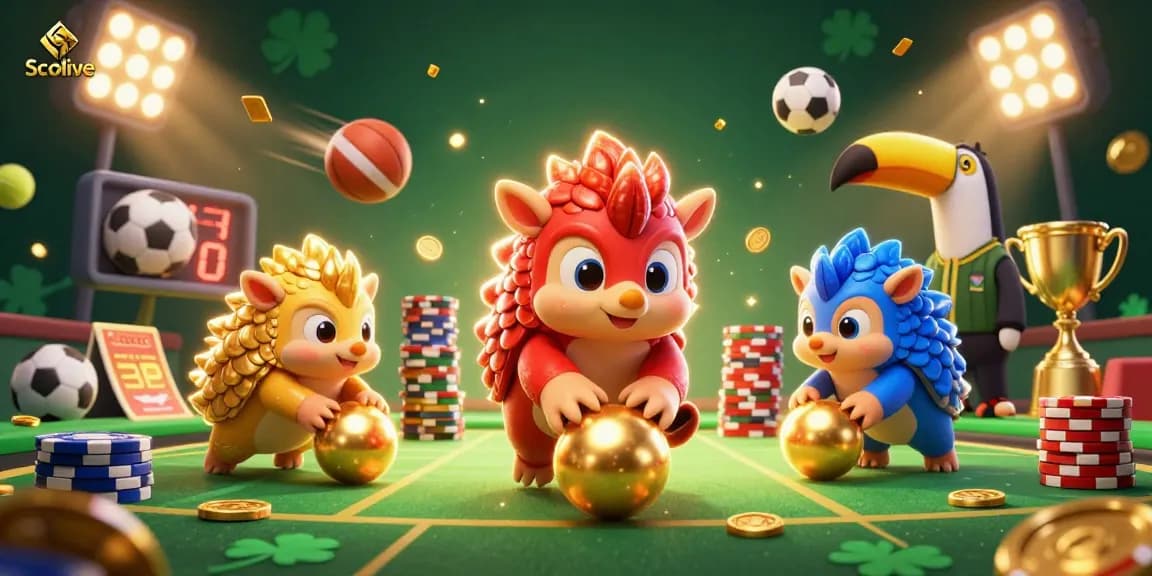 Socolive offers vibrant sports betting action with cartoon pangolins, poker chips, and dynamic sports elements.
