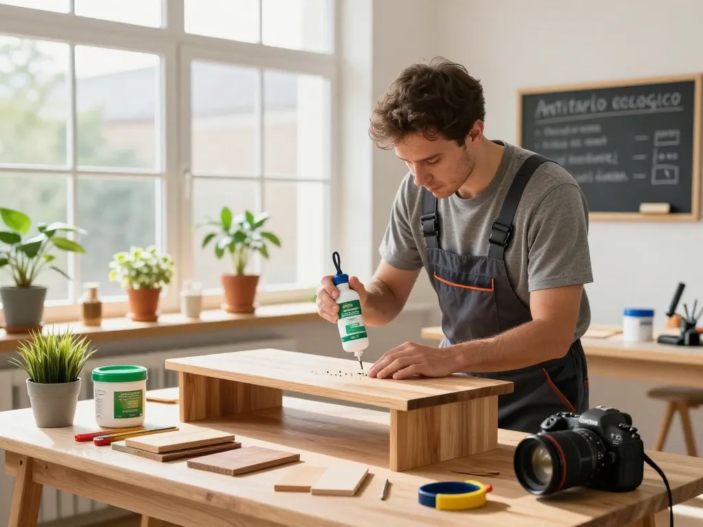 Applicazione ecologica di antitarlo ecologico in un luminoso laboratorio con mobili in legno, che mostra tecniche di controllo dei parassiti.