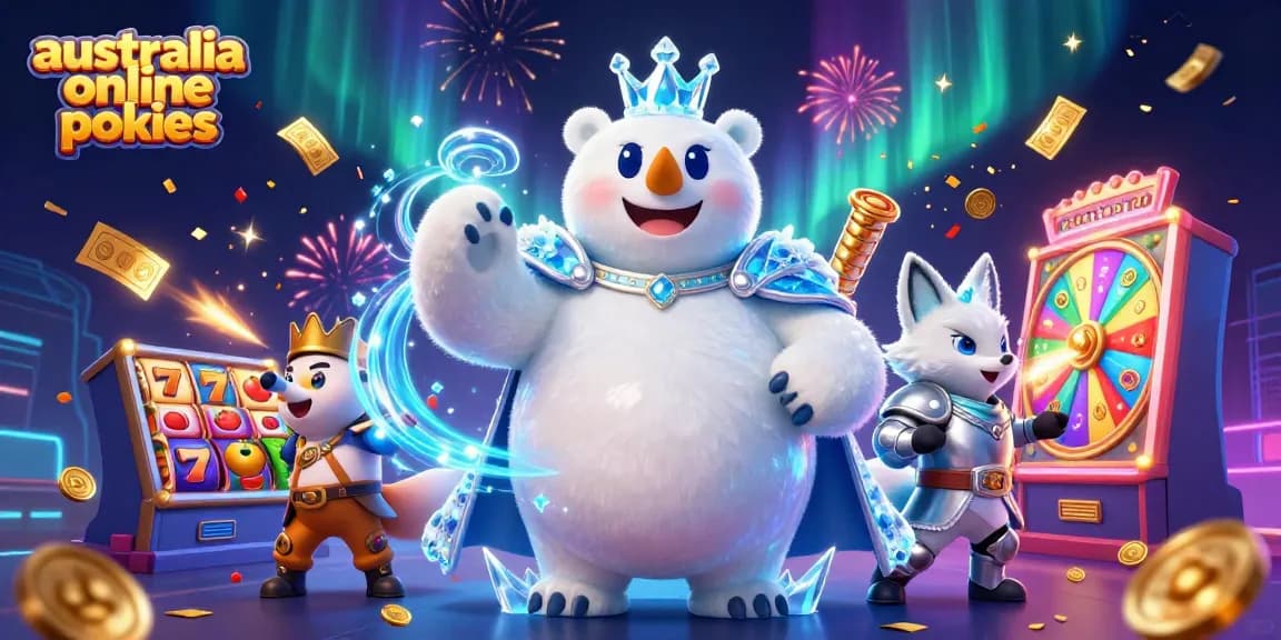 Win big with australia online pokies, featuring a polar bear and fox amid slot game elements.