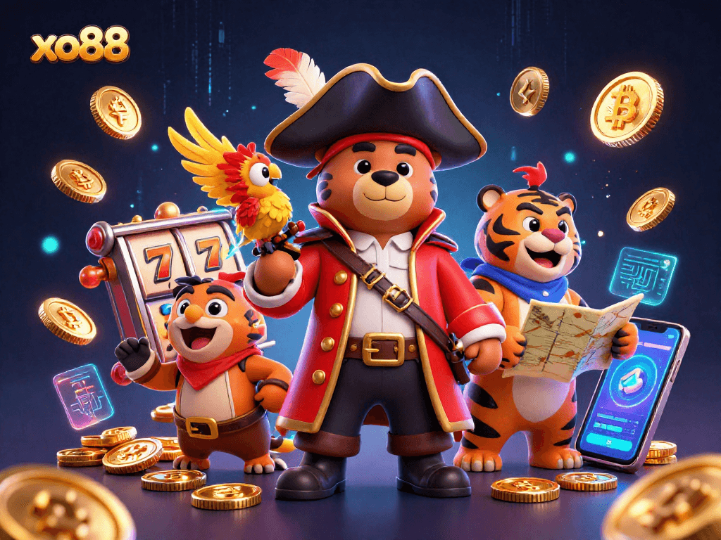 Engage with thrilling slots gameplay at xo88, featuring vibrant characters and neon elements in this captivating casino scene.