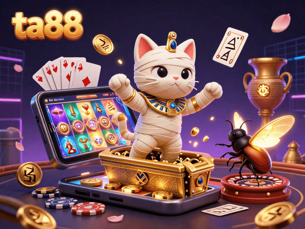 Experience the thrill of ta88 gaming with a dynamic scene featuring a mummy cat and casino elements.