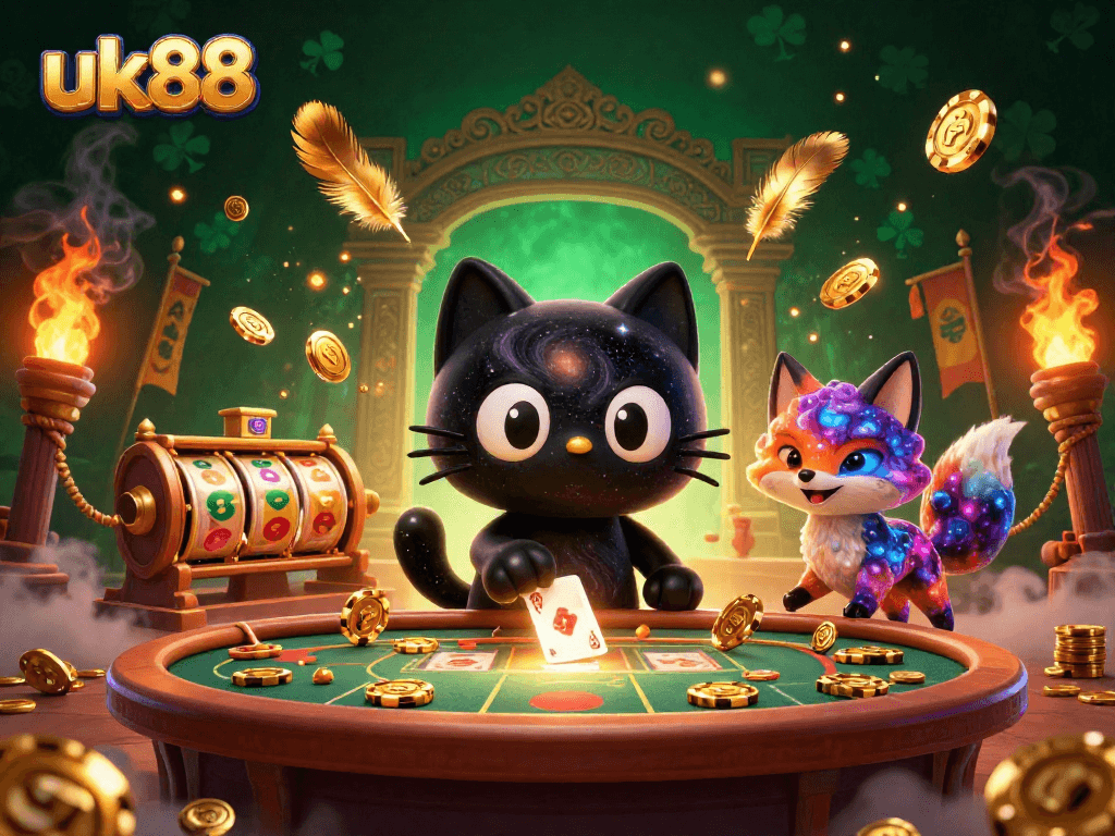 Experience the vibrant energy of uk88 casino with golden chips and dynamic characters in a cosmic setting.