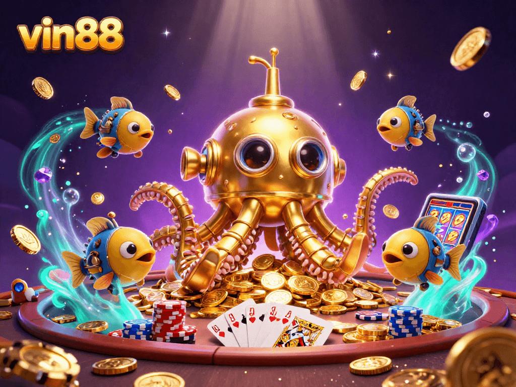 Engage with vin88's thrilling casino atmosphere through stunning 3D illustration showcasing vibrant poker action and treasures.