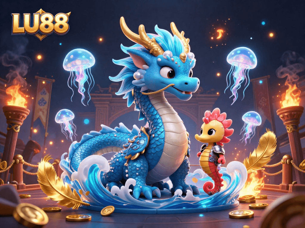 Experience LU88 excitement with a mythical water dragon and coral armored seahorse in a vibrant casino scene.