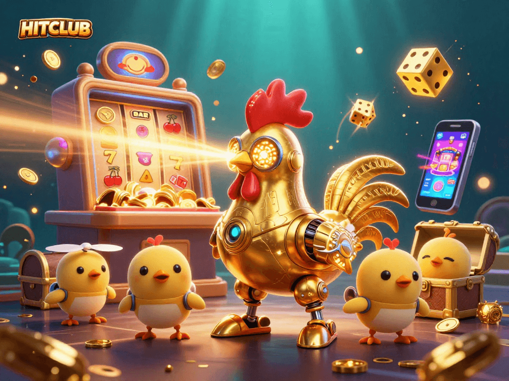 Experience thrilling gameplay at HITCLUB with a vibrant 3D casino scene featuring action-packed slot machines and a futuristic mascot.
