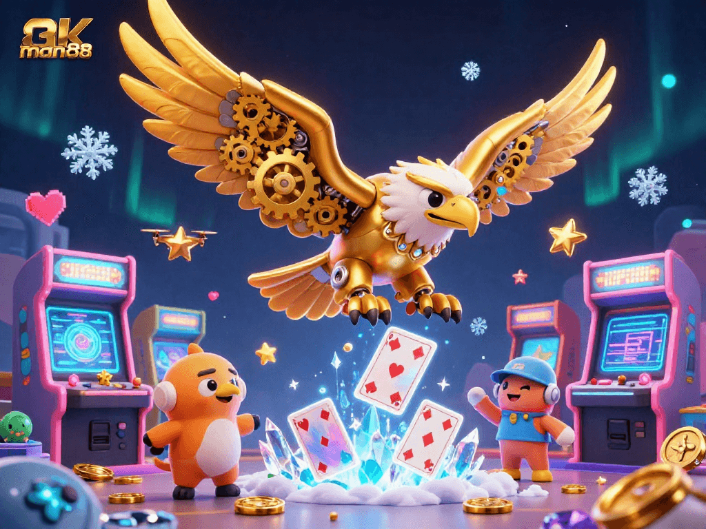 Experience thrilling gameplay at man88 with a dynamic illustration of an eagle diving through holographic cards.
