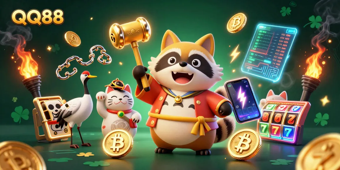Experience the excitement of QQ88 with a cheerful tanuki in a vibrant 3D casino scene.