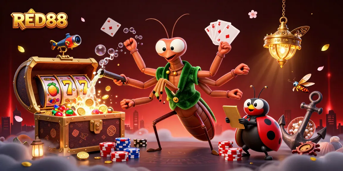 Engage with RED88's vibrant casino world illustrated by a cartoon praying mantis and ladybug characters.