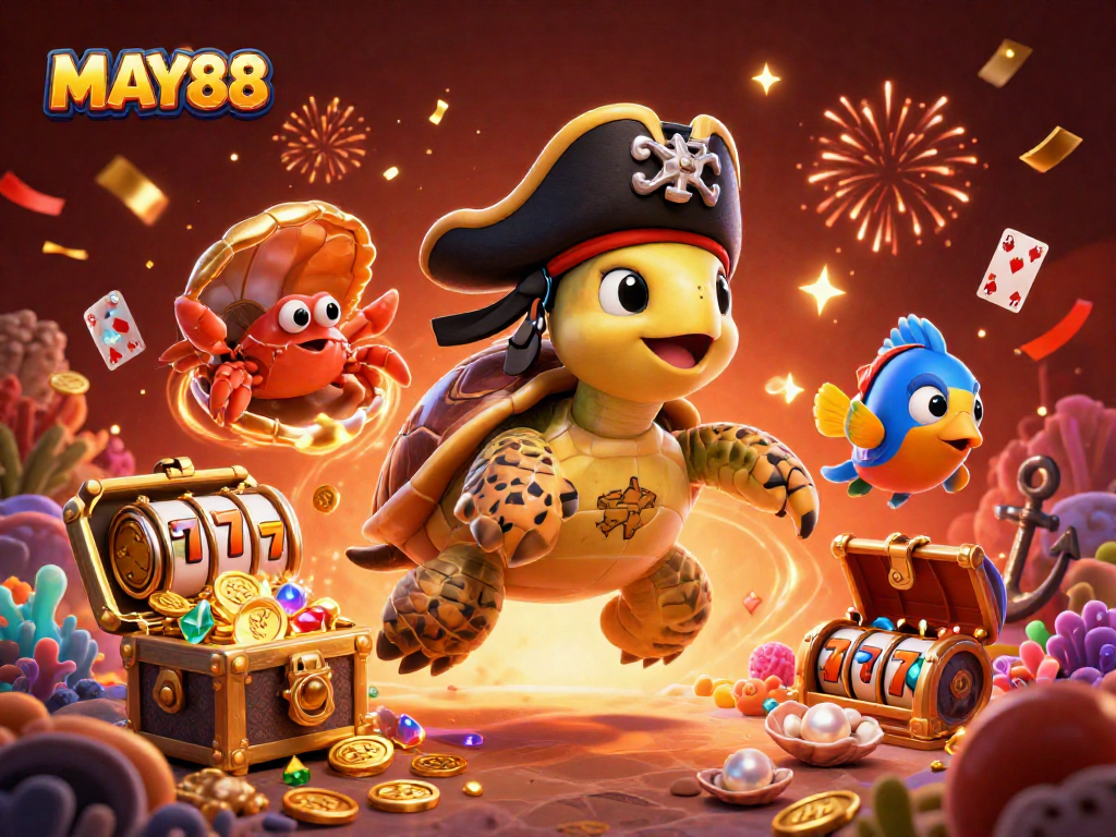 MAY88's lively 3D illustration showcases a cartoon pirate turtle, a crab, and parrotfish amidst casino-themed treasures.