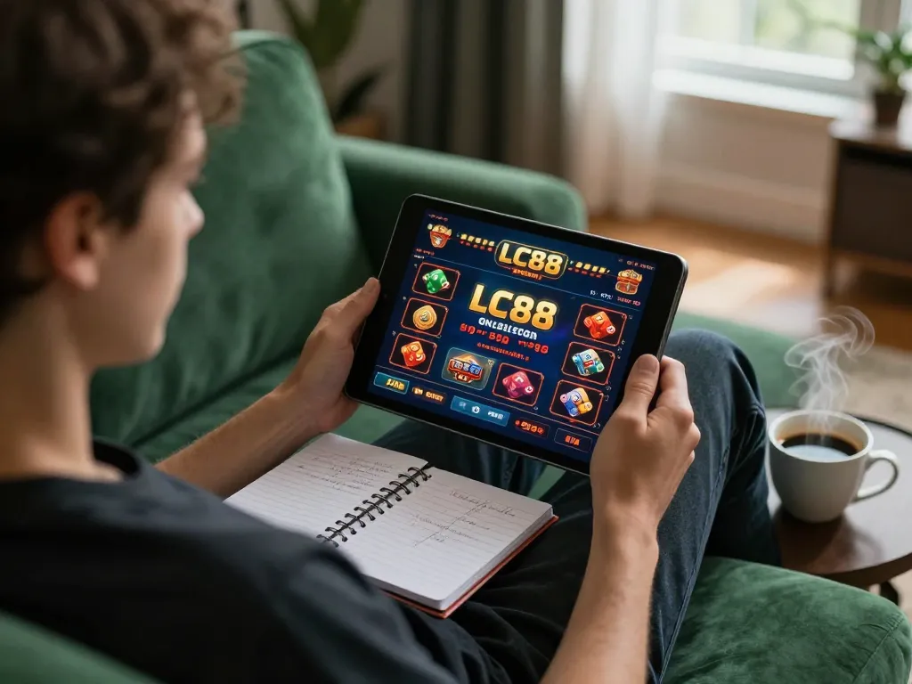 Engaging in online casino gameplay on LC88, showcasing strategic betting tactics and a cozy atmosphere.