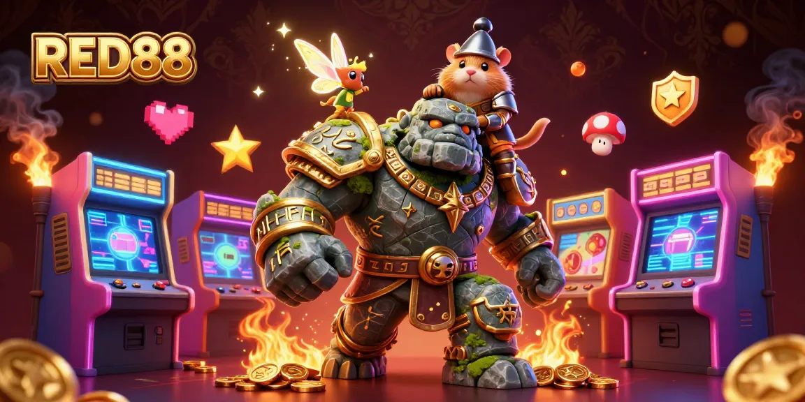 Experience the excitement of RED88 with a magical scene featuring a golem guardian, fairy, and hamster knight.