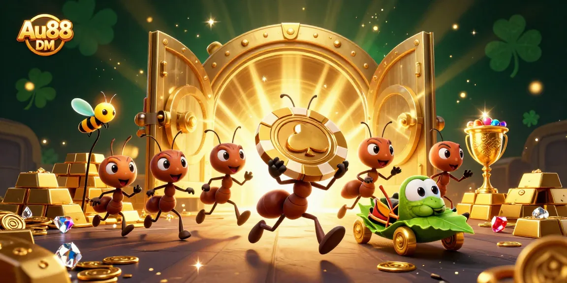 Experience the heist action with Au88 DM, as playful ants carry a giant poker chip through a treasure-filled tunnel.