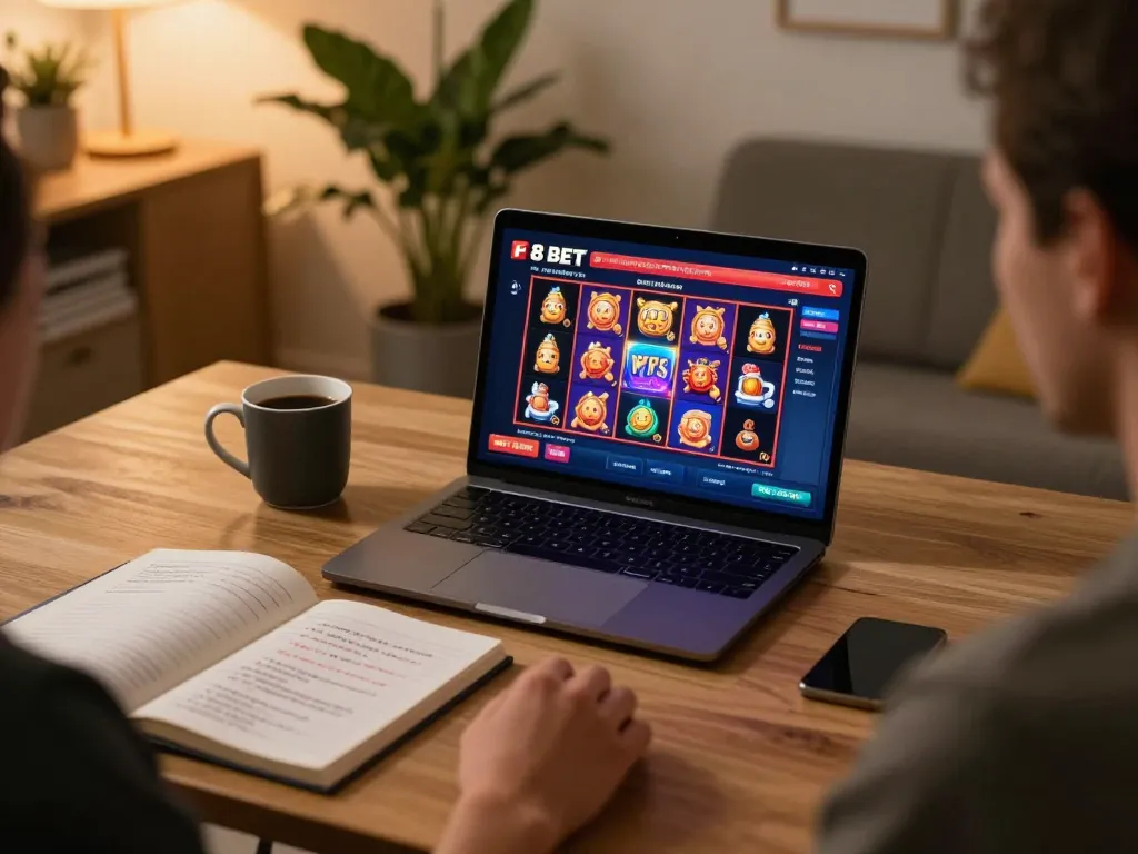 Engaging in F8 BET online casino through a stylish home setup, focusing on slot games and betting strategies.