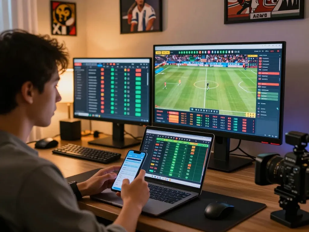 33winn player engaged in online sports betting with multiple screens and smartphone in cozy home setting.