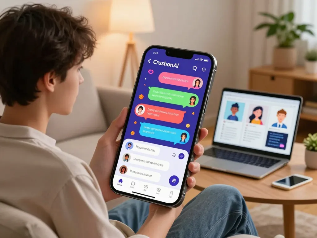 User interacting with CrushonAI app on mobile device, illustrating AI character chat experience in a lively home setting.