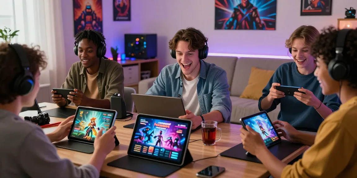 Diverse players enjoying an adult game on various devices in a cozy living room.