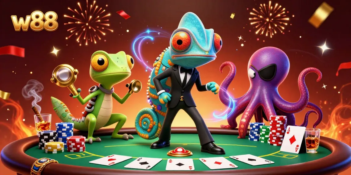 Engage in thrilling poker action with w88's vibrant casino illustration featuring cartoon characters and chips.