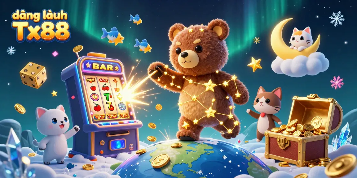 Engage with the exciting world of đăng nhập Tx88, featuring a 3D constellation bear and vibrant casino elements.