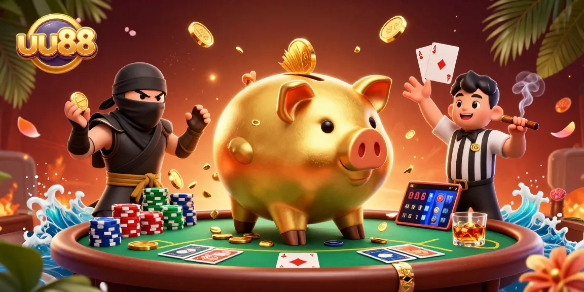 uu88 features a vibrant scene with a piggy bank sumo wrestler and ninja ready for action at a poker table.
