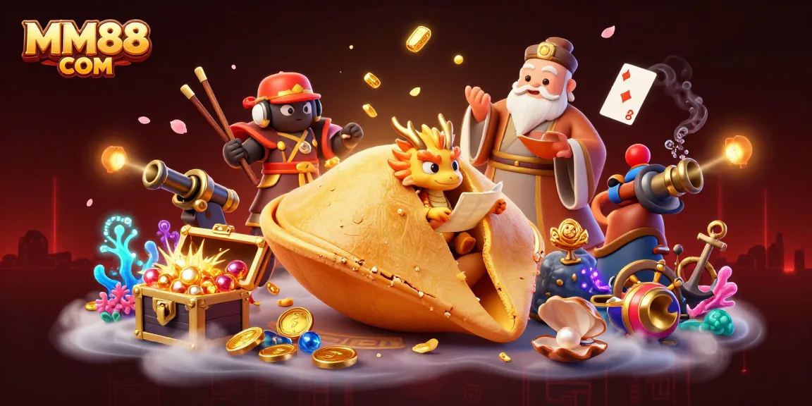Join the fun at MM88 COM with a giant fortune cookie scene filled with treasures and luck in a vibrant casino.