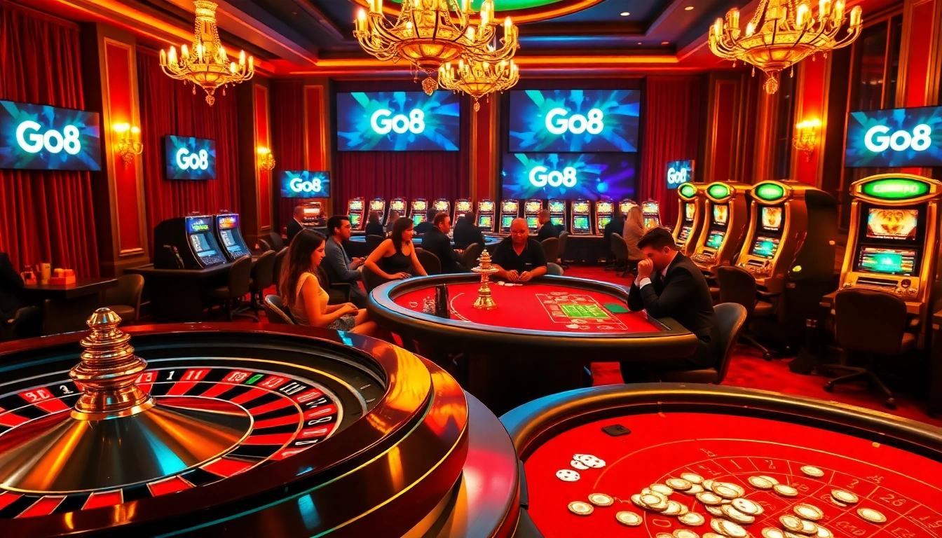 Experience the excitement of go8's casino with vibrant tables, dynamic lights, and engaging players.
