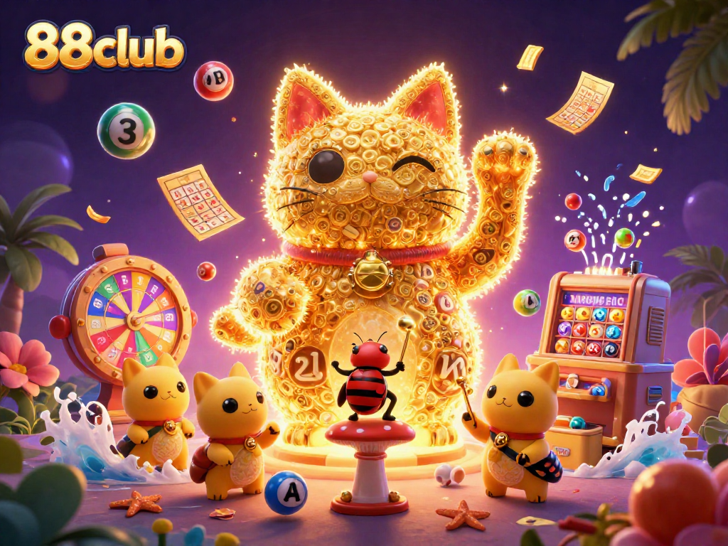 Experience excitement with 88club’s colorful casino elements and a vibrant lucky cat.
