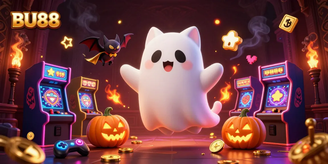 Win big with exciting entertainment at BU88 in a haunted casino scene featuring playful characters.