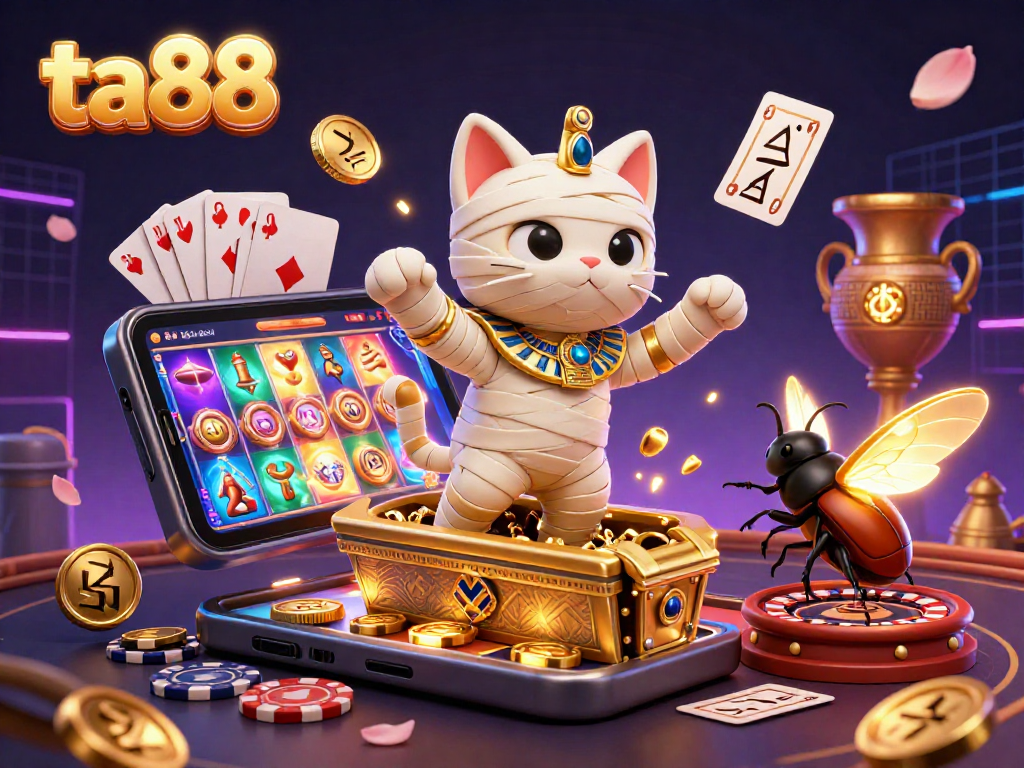 Experience the thrill of ta88 gaming with a dynamic scene featuring a mummy cat and casino elements.