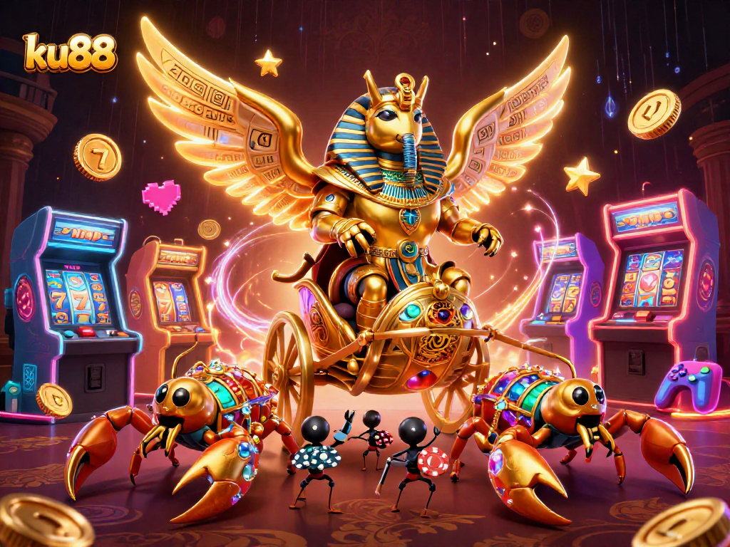 ku88 illustrates exhilarating jackpot gameplay with a golden scarab chariot and casino elements.