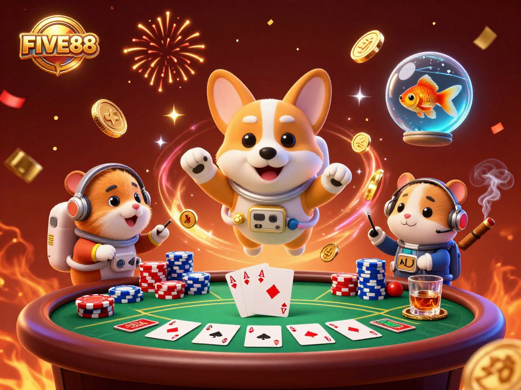 Experience the excitement of FIVE88 with a dynamic illustration showcasing an astronaut corgi in a casino environment.