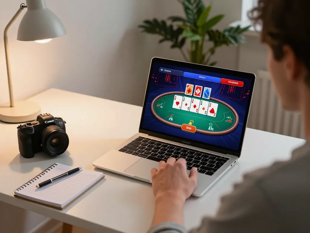 Engaging in online poker gameplay on u888 with strategy notes laid out, showcasing a cozy home setup.