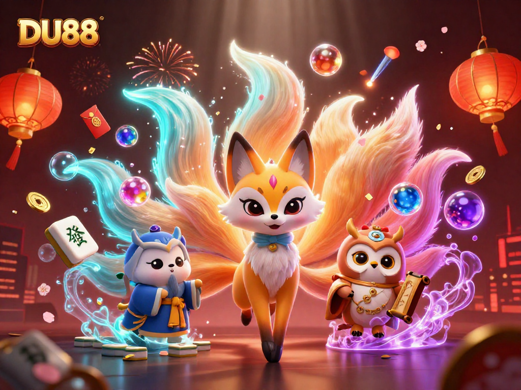 Experience the vibrant DU88 world with a nine-tailed fox and sage amid casino magic.