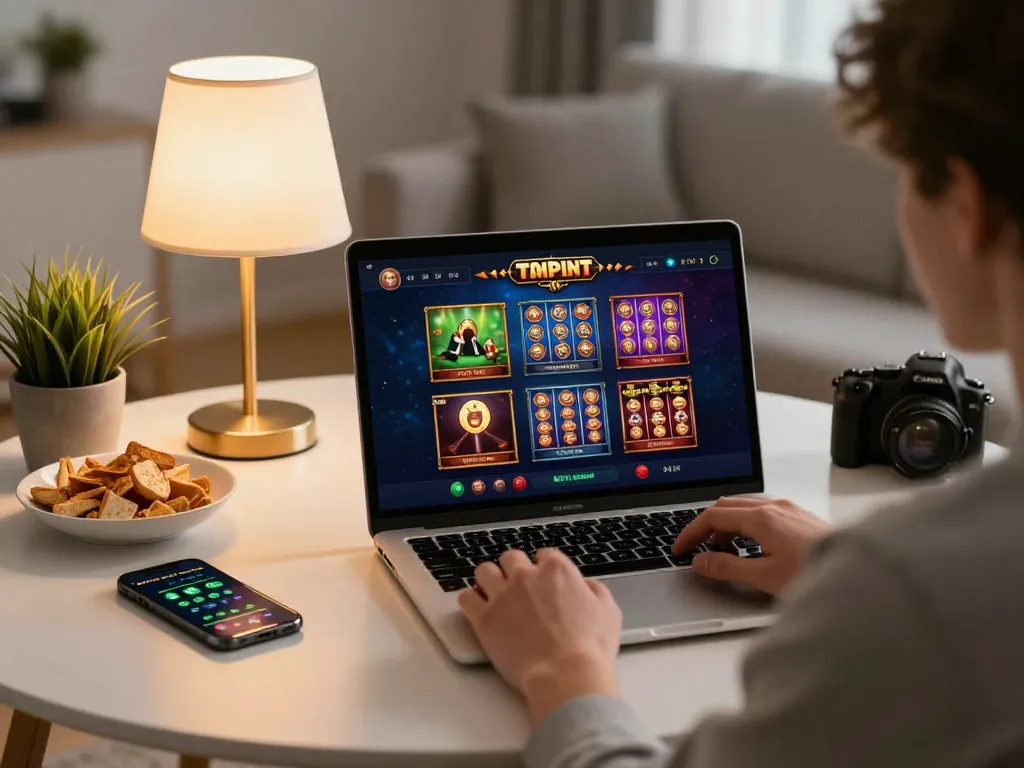Player enjoying online gaming on mm88 platform in a cozy home setting, showcasing responsible gambling.