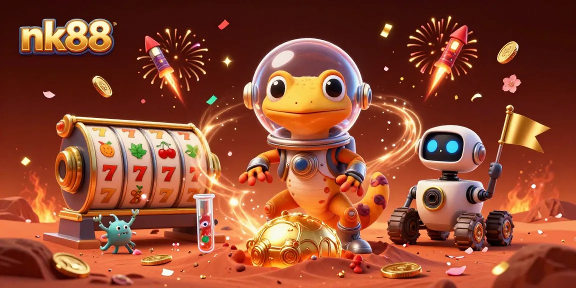 Spin the reels with nk88 featuring a Martian gecko uncovering a golden casino in a cosmic celebration.